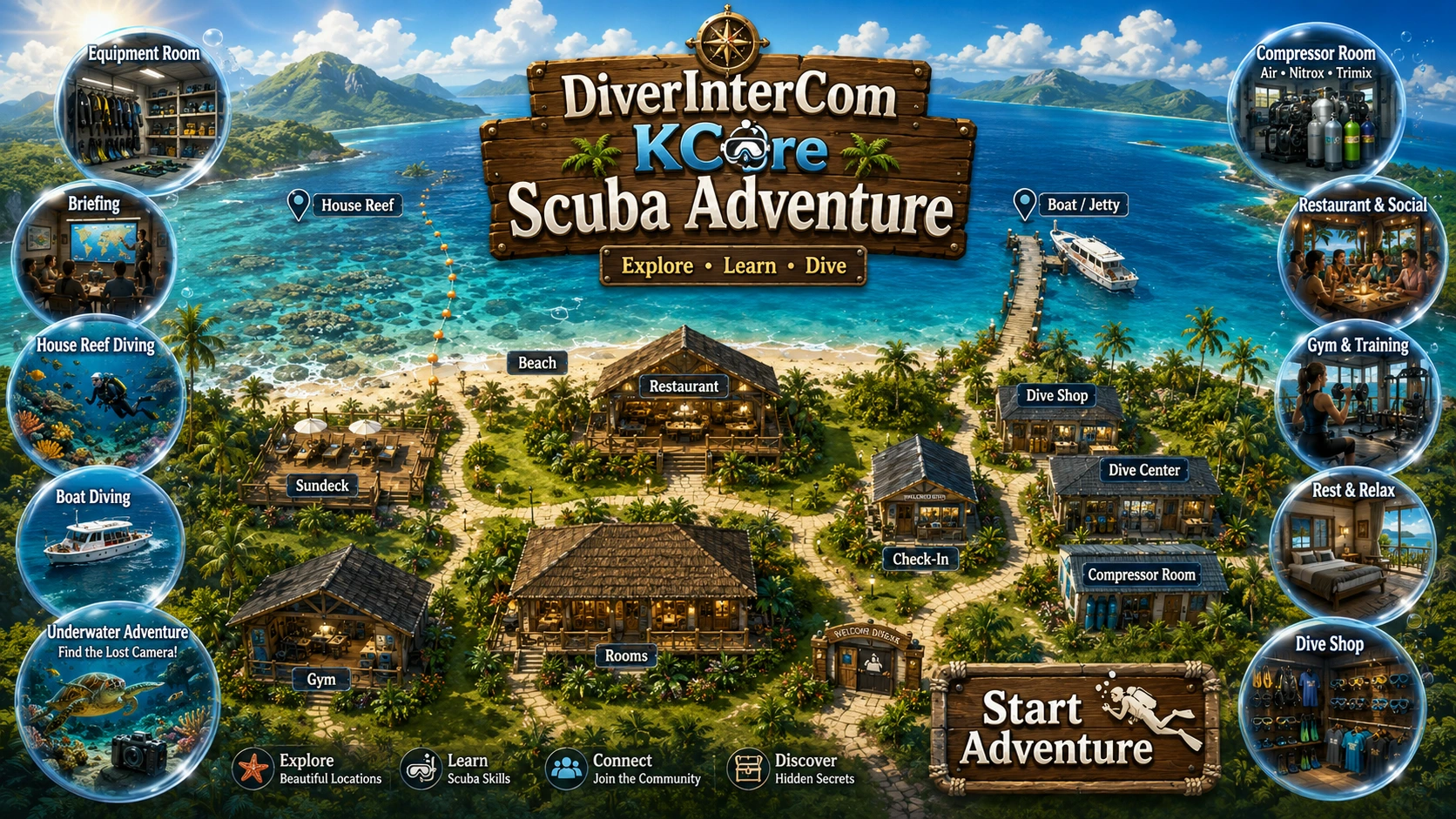 DiverInterCom KCore Scuba Adventure title screen showing the whole tropical resort map