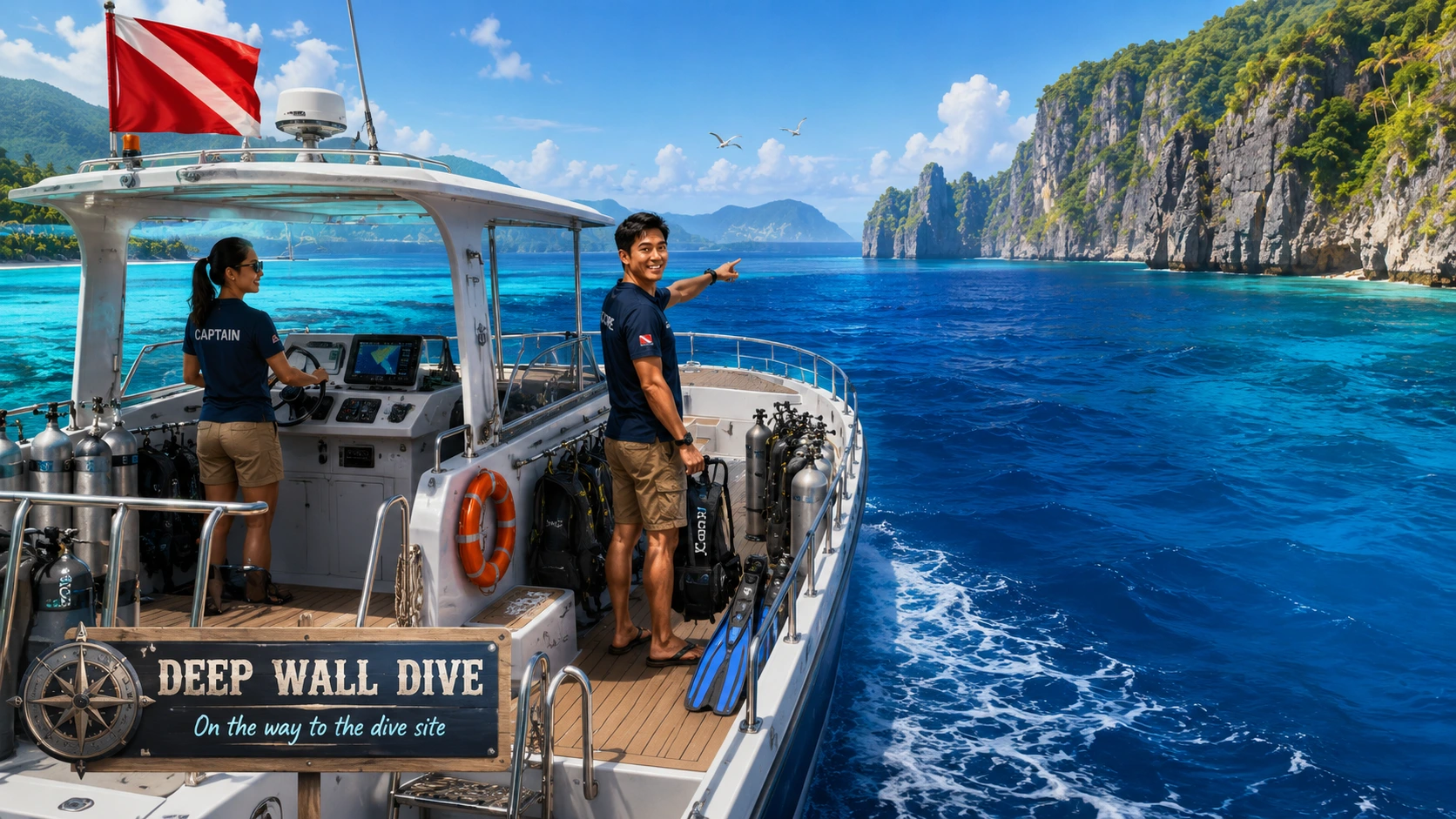 Dive boat with captain and divemaster heading to the deep wall dive site